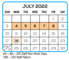 District School Academic Calendar for Sarasota County Superintendent's Office for July 2022