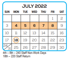 District School Academic Calendar for Southside Elementary School for July 2022