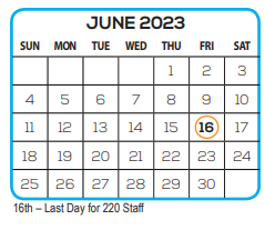 District School Academic Calendar for Southside Elementary School for June 2023