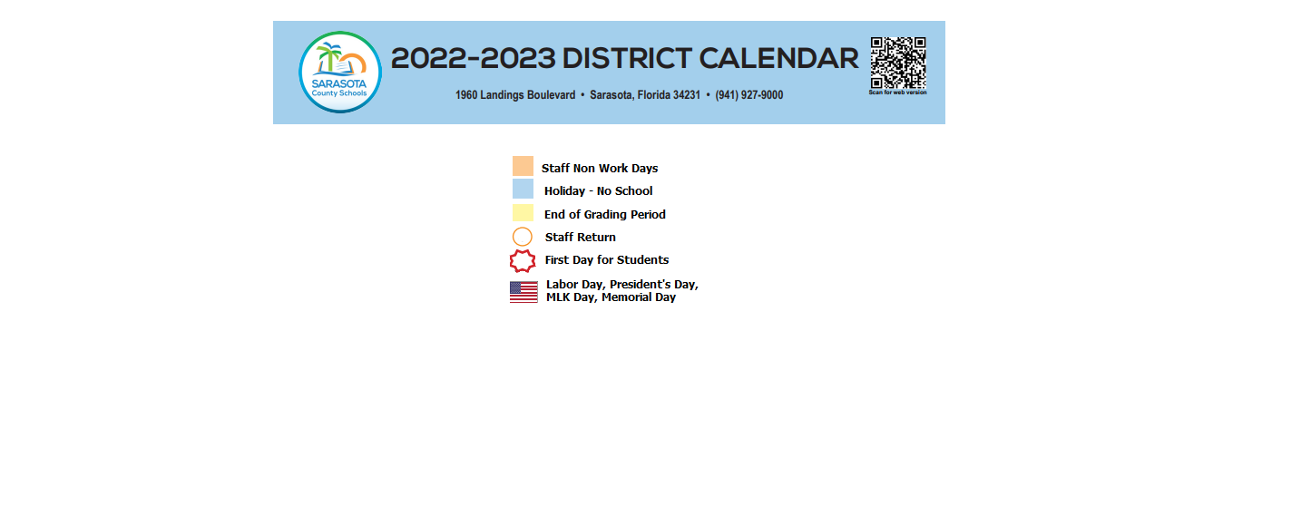 District School Academic Calendar Key for Sarasota County Superintendent's Office