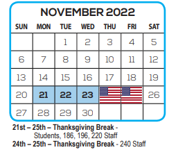 District School Academic Calendar for Student Leadership Academy for November 2022