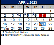 District School Academic Calendar for Wiederstein Elementary School for April 2023