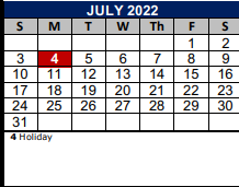 District School Academic Calendar for Ray D Corbett Junior High for July 2022