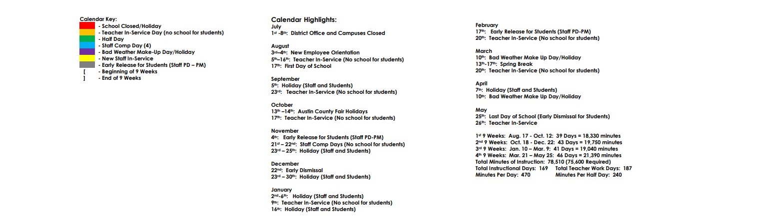 District School Academic Calendar Legend for Sealy High School