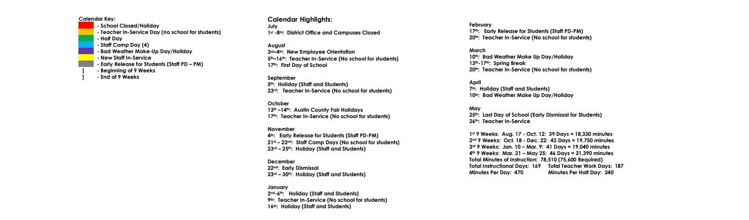 District School Academic Calendar Legend for Selman Int