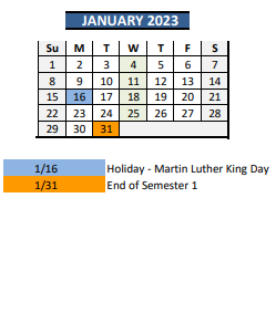 District School Academic Calendar for The Center School for January 2023