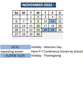 District School Academic Calendar for Whitman Middle School for November 2022