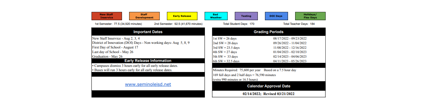 District School Academic Calendar Key for Seminole Pri