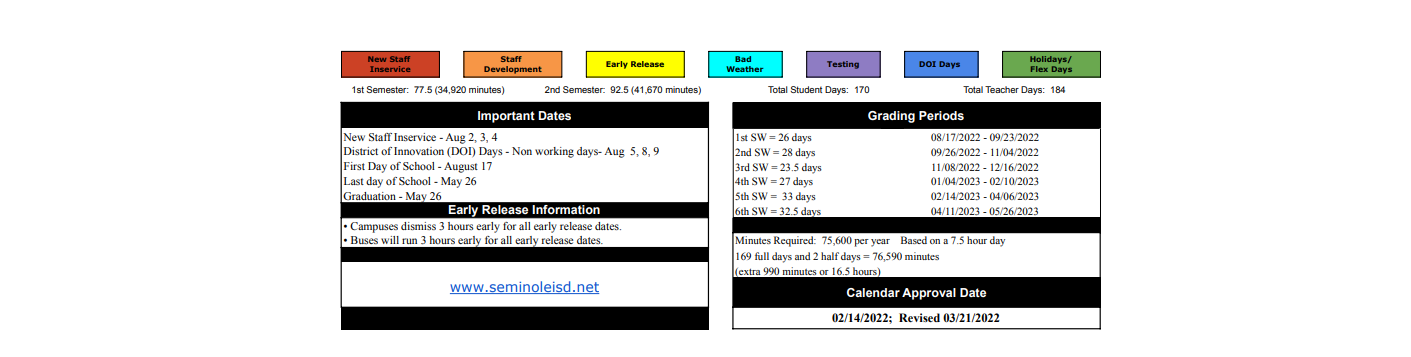 District School Academic Calendar Key for Seminole High School