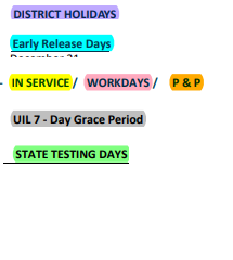 District School Academic Calendar Legend for Elementary Aep