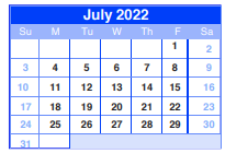 District School Academic Calendar for Sheldon Jjaep for July 2022