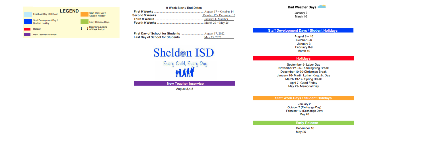 District School Academic Calendar Key for Sheldon 6th Grade Campus