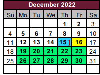 District School Academic Calendar for Tri Co Juvenile Detent for December 2022