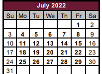 District School Academic Calendar for Tri Co Juvenile Detent for July 2022