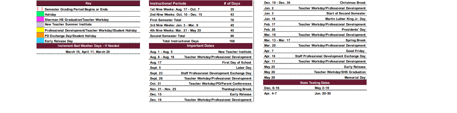 District School Academic Calendar Key for Fred Douglass School