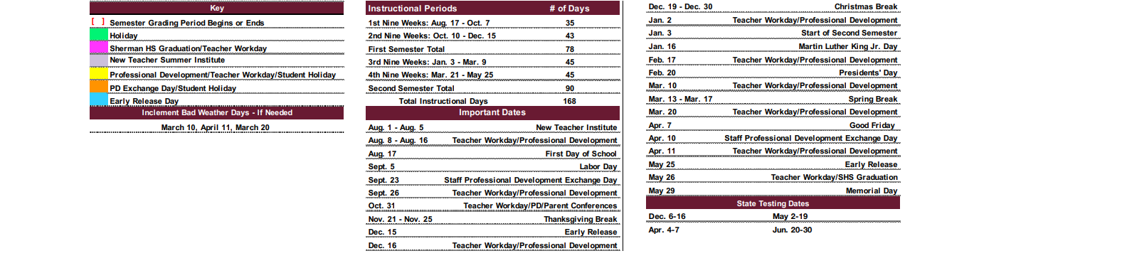 District School Academic Calendar Key for Tri Co Juvenile Detent