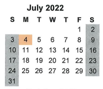 District School Academic Calendar for Sinton Elementary for July 2022
