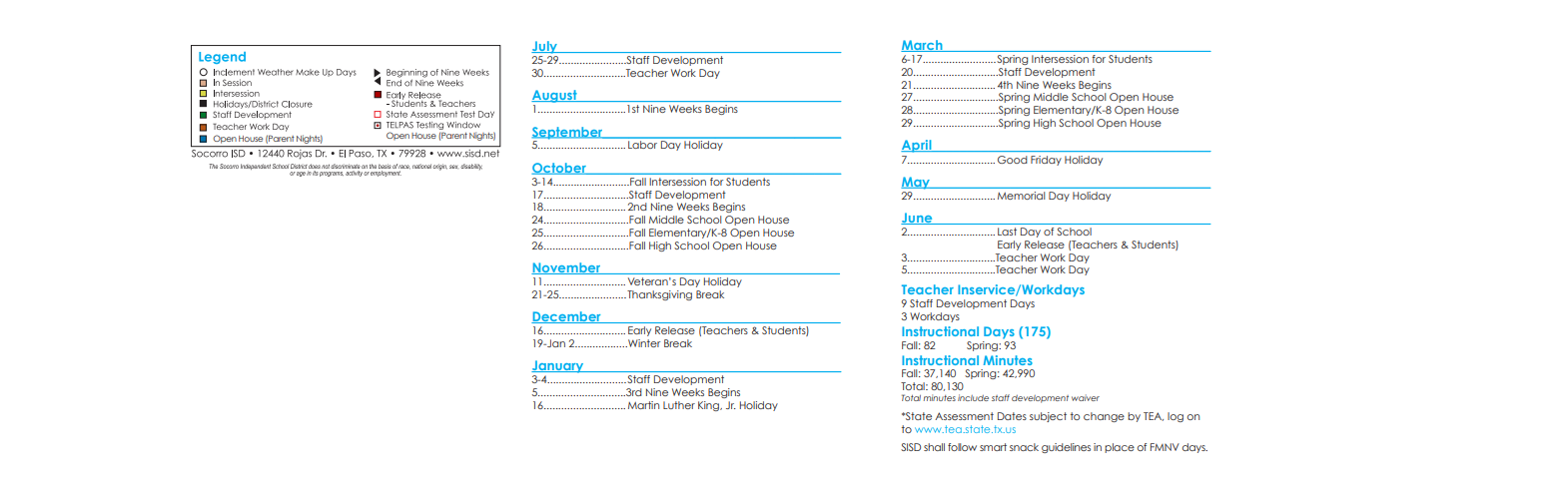 District School Academic Calendar Key for Socorro High School