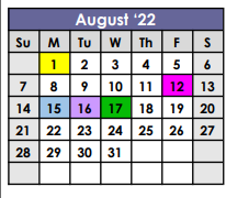 District School Academic Calendar for Bendix School for August 2022