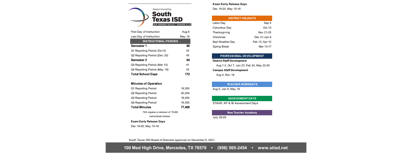 District School Academic Calendar Key for South Texas Business Education & T