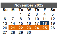 District School Academic Calendar for Cameron Co J J A E P for November 2022