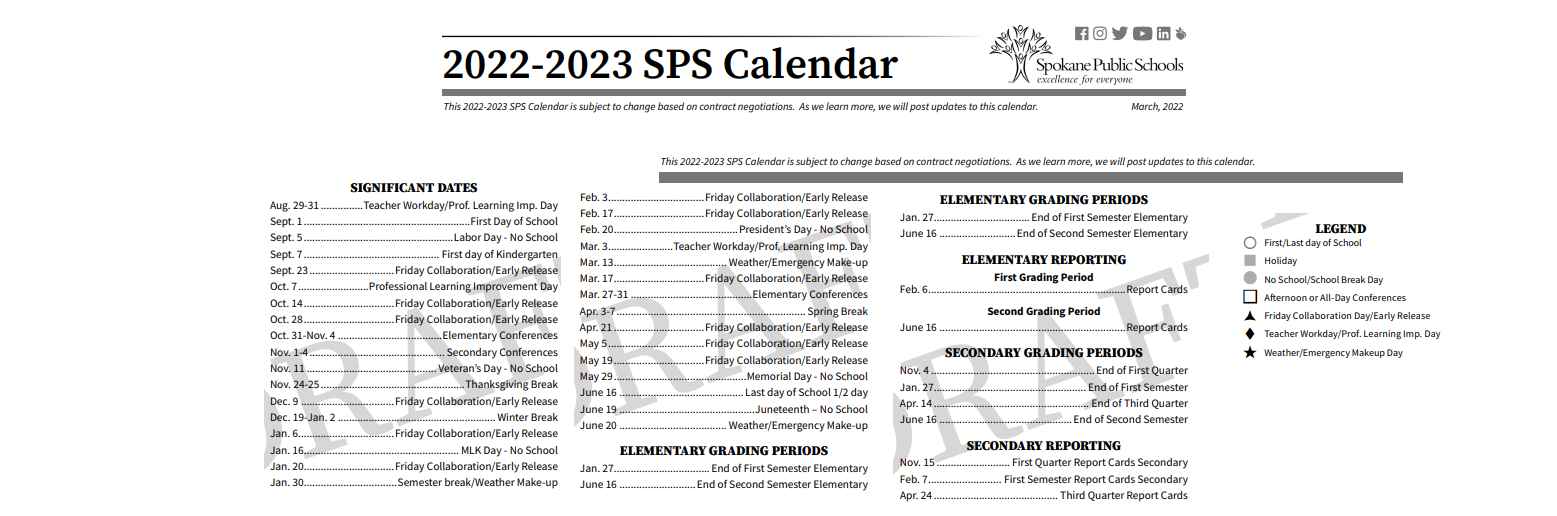 District School Academic Calendar Key for Hamblen Elementary