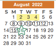 District School Academic Calendar for Carl Wunsche Sr H S for August 2022