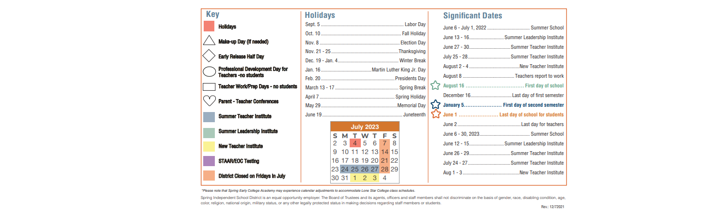 District School Academic Calendar Key for Spring High School