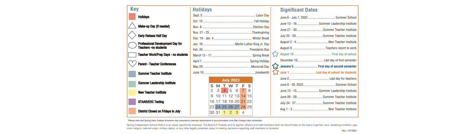 District School Academic Calendar Key for Highpoint North