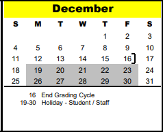 District School Academic Calendar for The Wildcat Way School for December 2022
