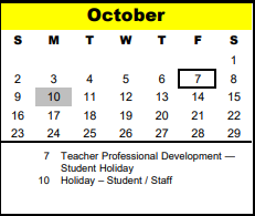 District School Academic Calendar for Bendwood School for October 2022