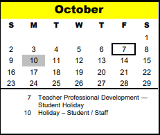 District School Academic Calendar for Harold D Guthrie Center For Excell for October 2022