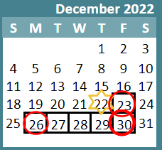 District School Academic Calendar for Shady Dell Early Childhood Ctr for December 2022