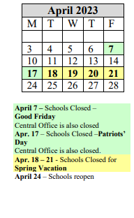District School Academic Calendar for Chestnut Street Middle for April 2023