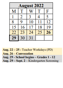 District School Academic Calendar for Milton Bradley School for August 2022