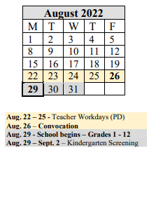 District School Academic Calendar for Hiram L Dorman for August 2022
