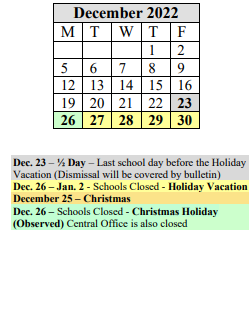 District School Academic Calendar for William N Deberry for December 2022