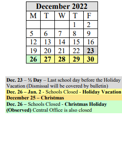 District School Academic Calendar for Homer Street for December 2022