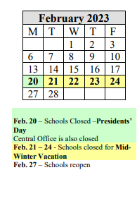 District School Academic Calendar for John F Kennedy Middle for February 2023