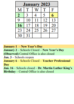 District School Academic Calendar for Hiram L Dorman for January 2023