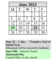 District School Academic Calendar for William N Deberry for June 2023