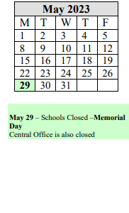 District School Academic Calendar for Milton Bradley School for May 2023