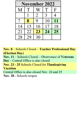 District School Academic Calendar for Springfield Academy For Excellence for November 2022