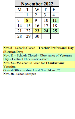 District School Academic Calendar for John J Duggan Middle for November 2022