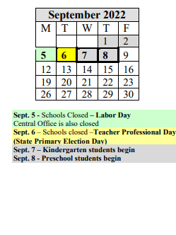 District School Academic Calendar for White Street for September 2022