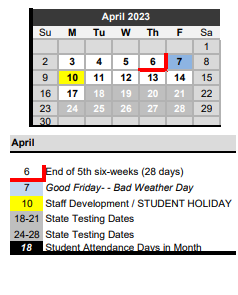 District School Academic Calendar for Springtown Reno Elementary for April 2023