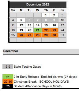 District School Academic Calendar for Springtown Middle for December 2022