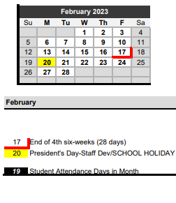 District School Academic Calendar for Springtown Middle for February 2023