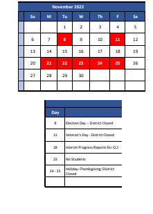 District School Academic Calendar for Mitchell ELEM. for November 2022