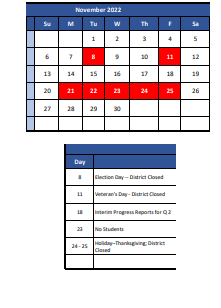 District School Academic Calendar for Stowe Preparatory JR. High for November 2022